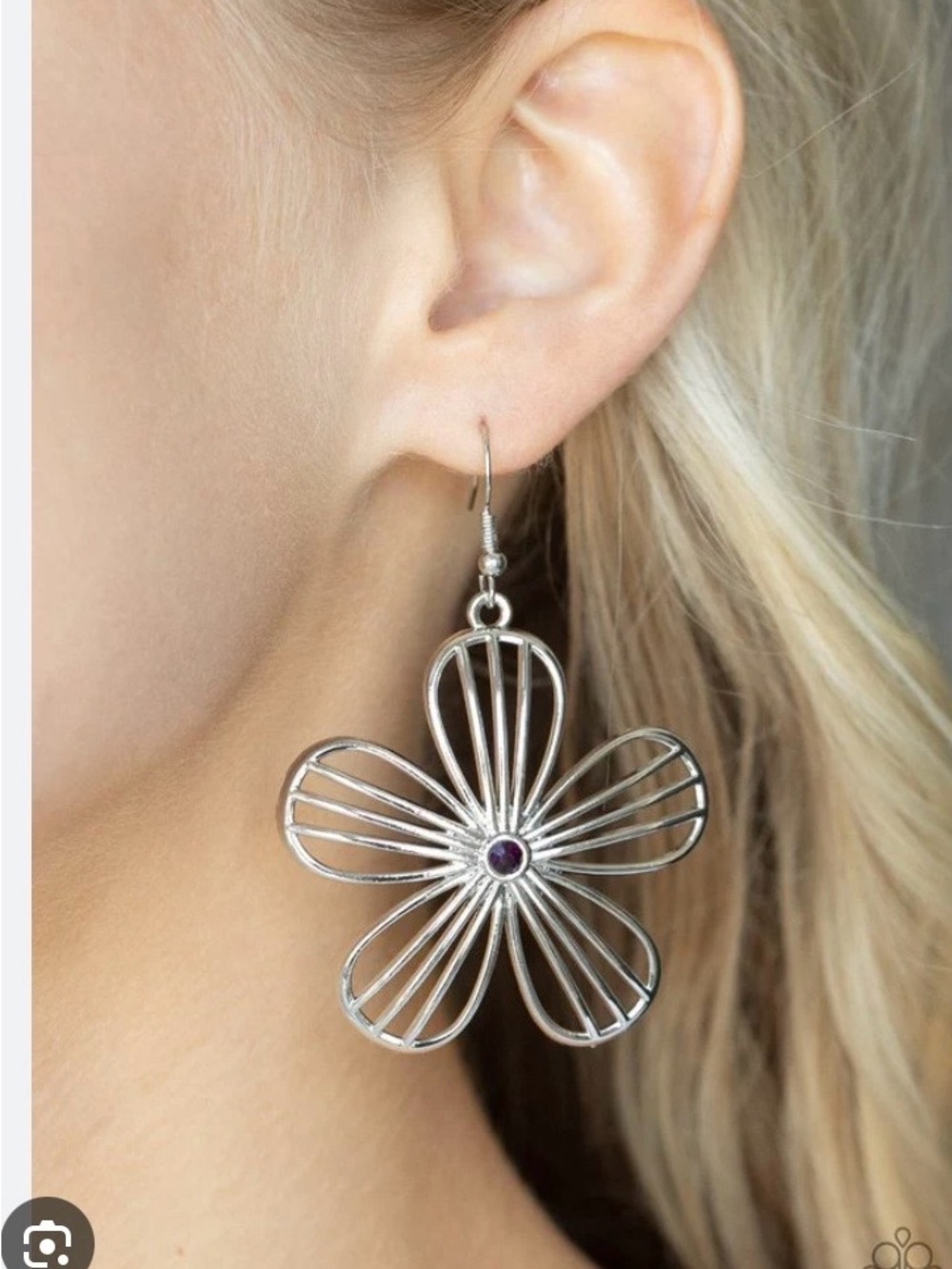 paparazzi Silver Flower Wire Drop Earrings with Purple Center